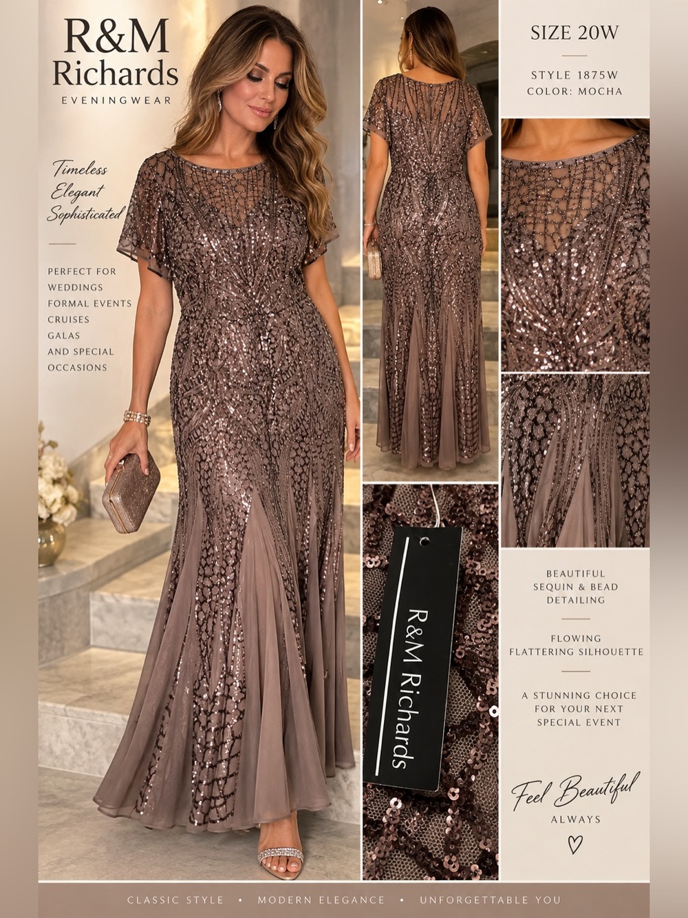R&M Richards Mocha Sequin & Bead Maxi Gown